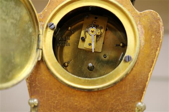 An early 20th century French Vernis Martin style timepiece, with paste set dial 18cm.